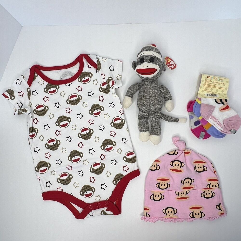 Small Paul Sock Monkey Ty Beanie Baby Infant Carter One Piece Tee Socks Hat Lot4